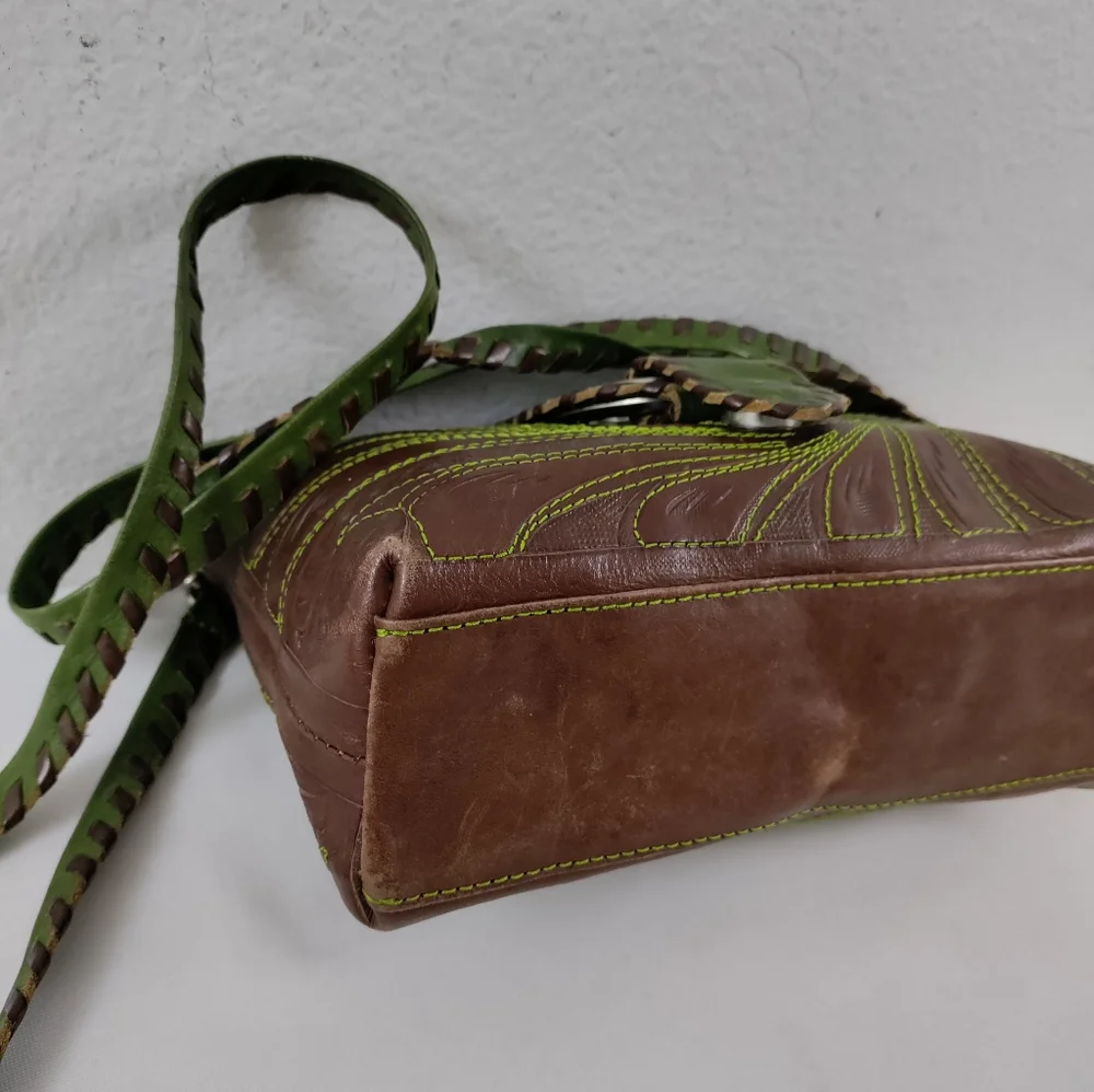 COPY - Leathers In Leather Vintage Contrast Cross Stitch Tooled Leather Crossbo…